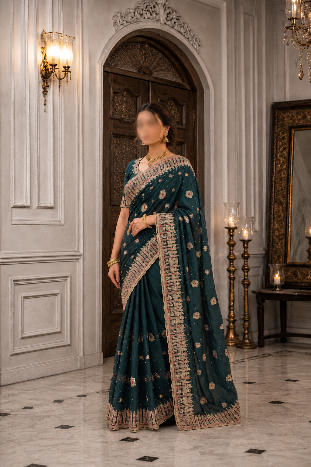 Emerald Green Heavily Embellished Saree and Blouse Set