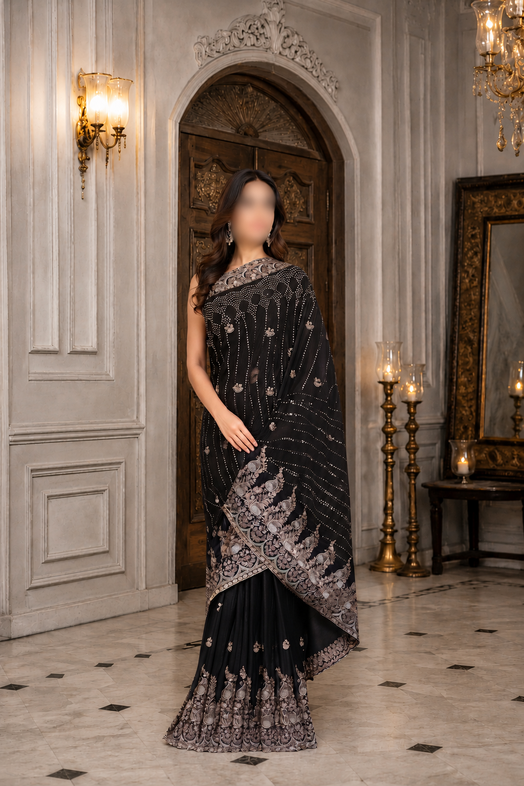 Midnight Black Heavily Embellished Saree and Blouse Set