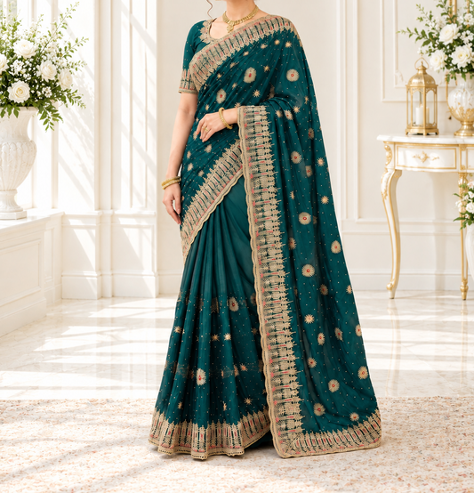 Emerald Green Heavily Embellished Saree and Blouse Set