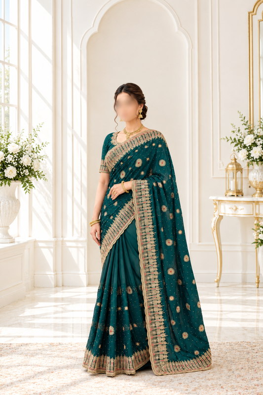 Emerald Green Heavily Embellished Saree and Blouse Set