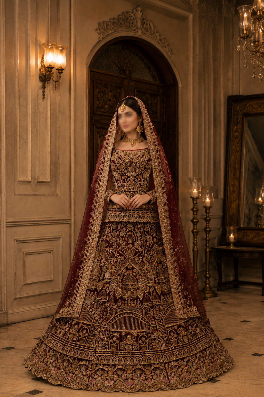 Regal Crimson &amp; Gold Heritage Bridal Lengha