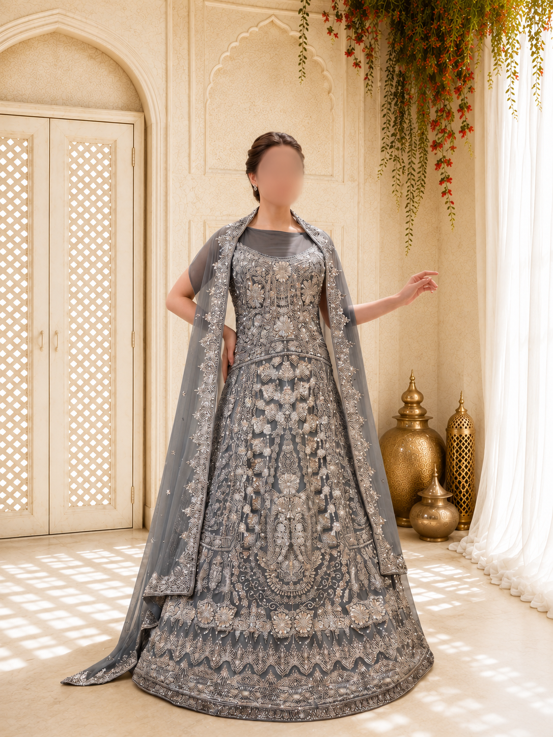 Hand-Embroidered Slate Grey Luxury Formal Maxi with Cape/Shawl