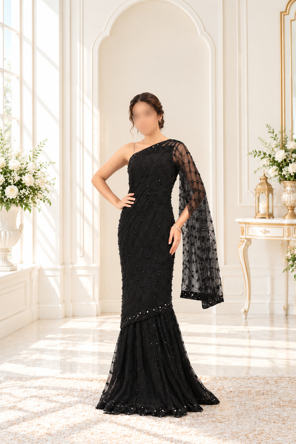 Midnight Black One-Shoulder Embellished Gown with Draped Sleeve