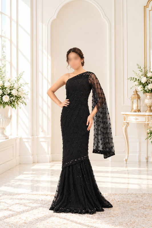 Midnight Black One-Shoulder Embellished Gown with Draped Sleeve