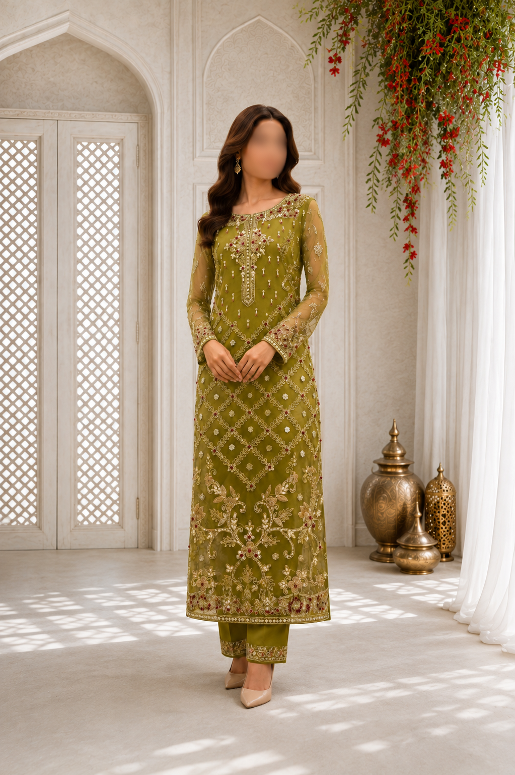 Olive Green Check-Pattern Embellished Straight Shirt and Trouser Set