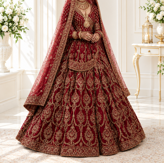 Regal Crimson Peplum Lehenga with Heavy Embellishments