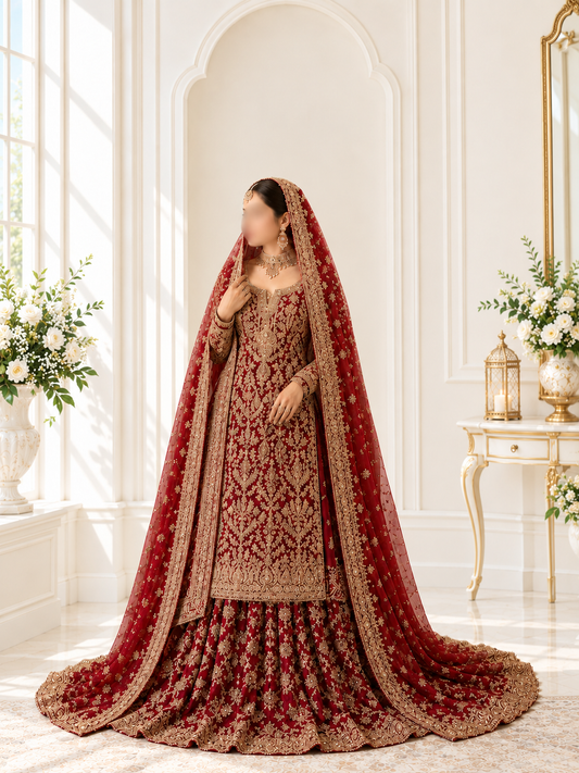 Regal Crimson Heavy Embroidered Long Kurti Lehenga