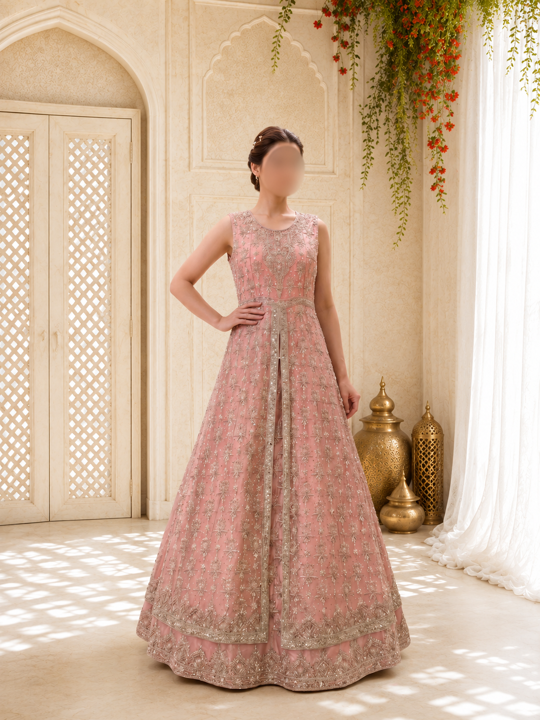 Hand-Embroidered Rose Pink Luxury Formal Front-Slit Maxi Gown