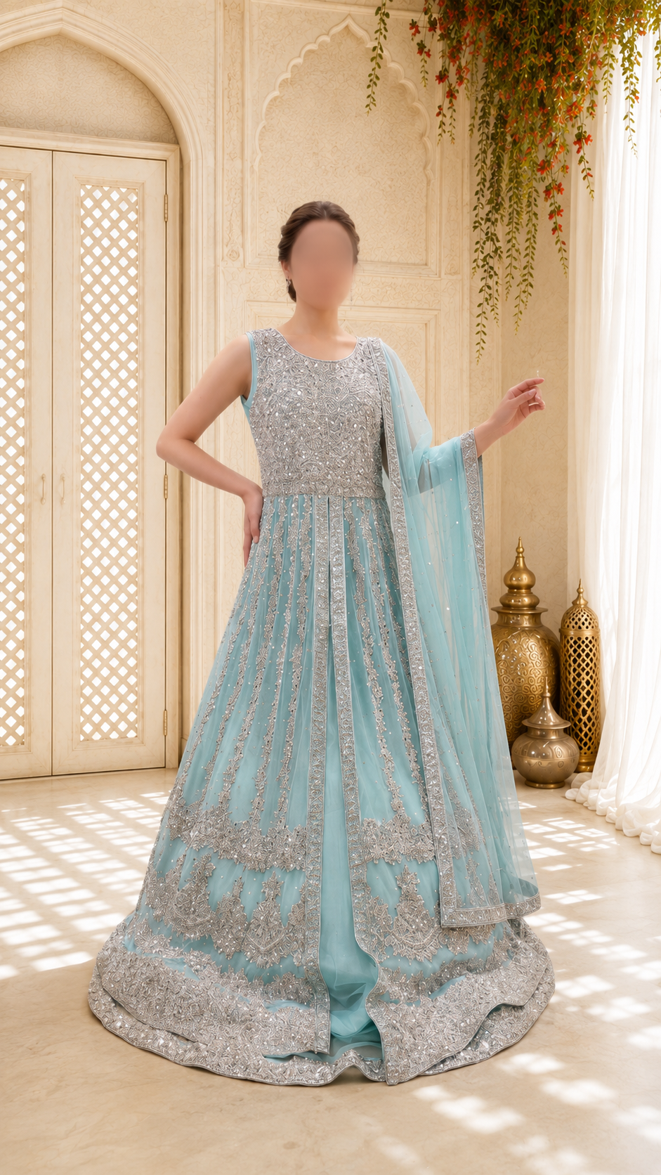 Hand-Embroidered Mint Aqua Luxury Formal Maxi Gown