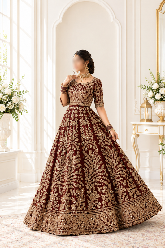 Regal Crimson Heavy Embroidered Lehenga Choli with Bold Hem Border