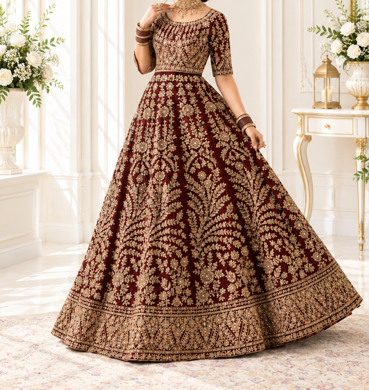 Regal Crimson Heavy Embroidered Lehenga Choli with Bold Hem Border