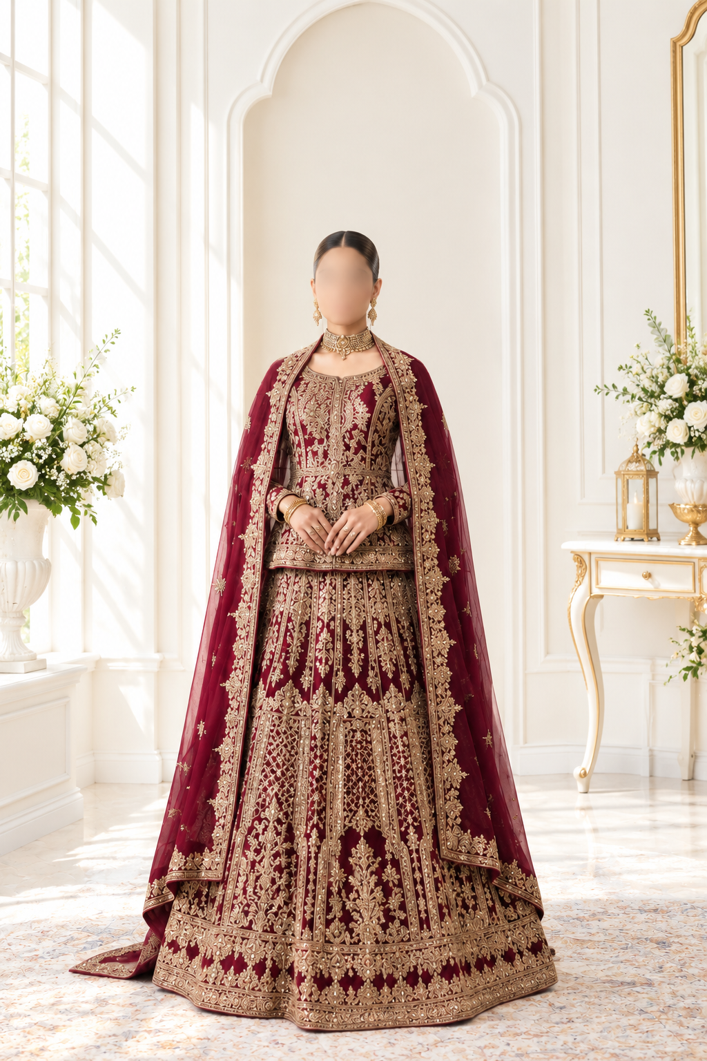Regal Crimson Heavy Embroidered Peplum Lehenga Choli with Flowing Veil
