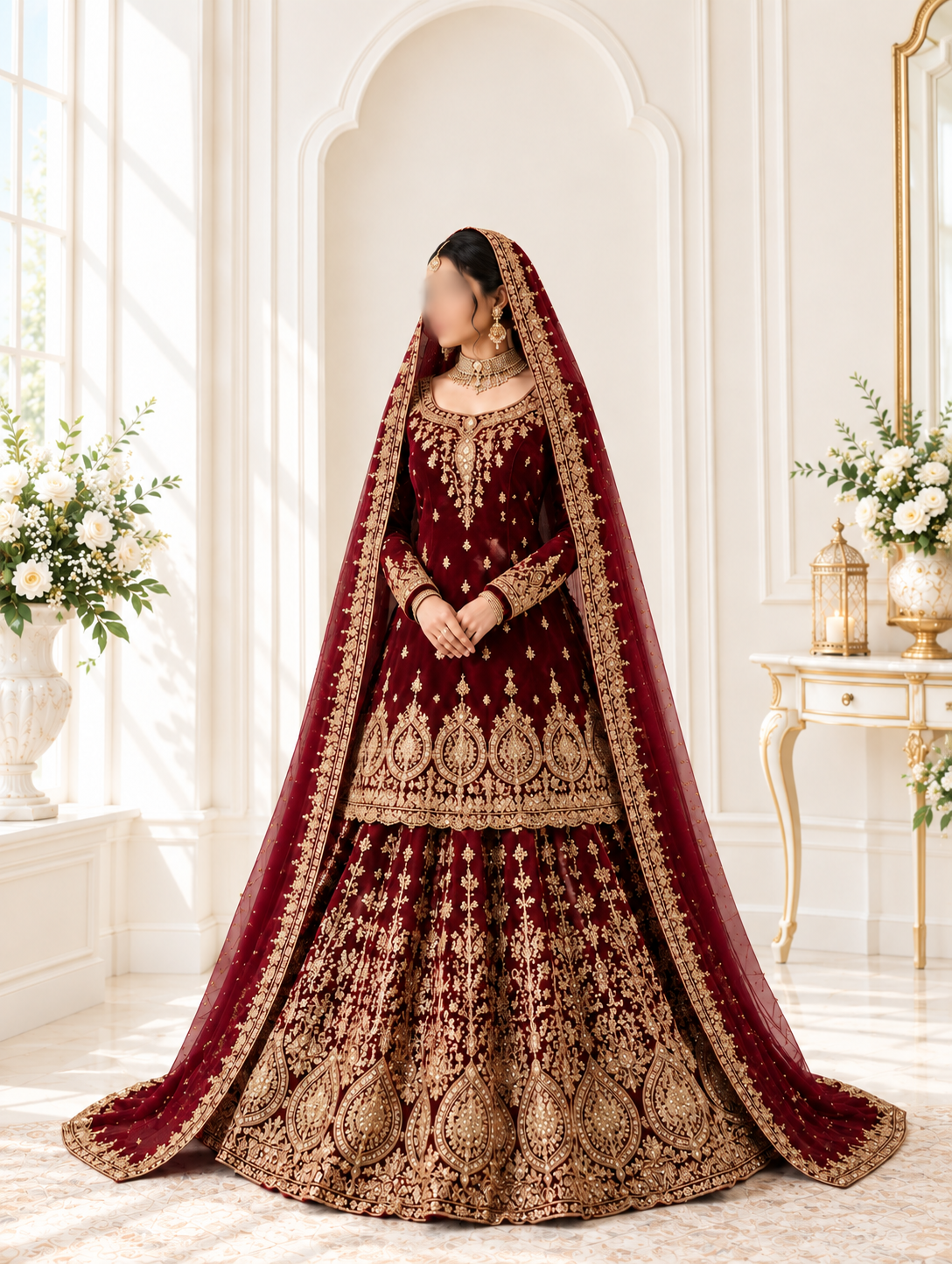 Regal Crimson Heavy Embroidered Short Kurti Lehenga with Kurta-Style Top and Wide Veil