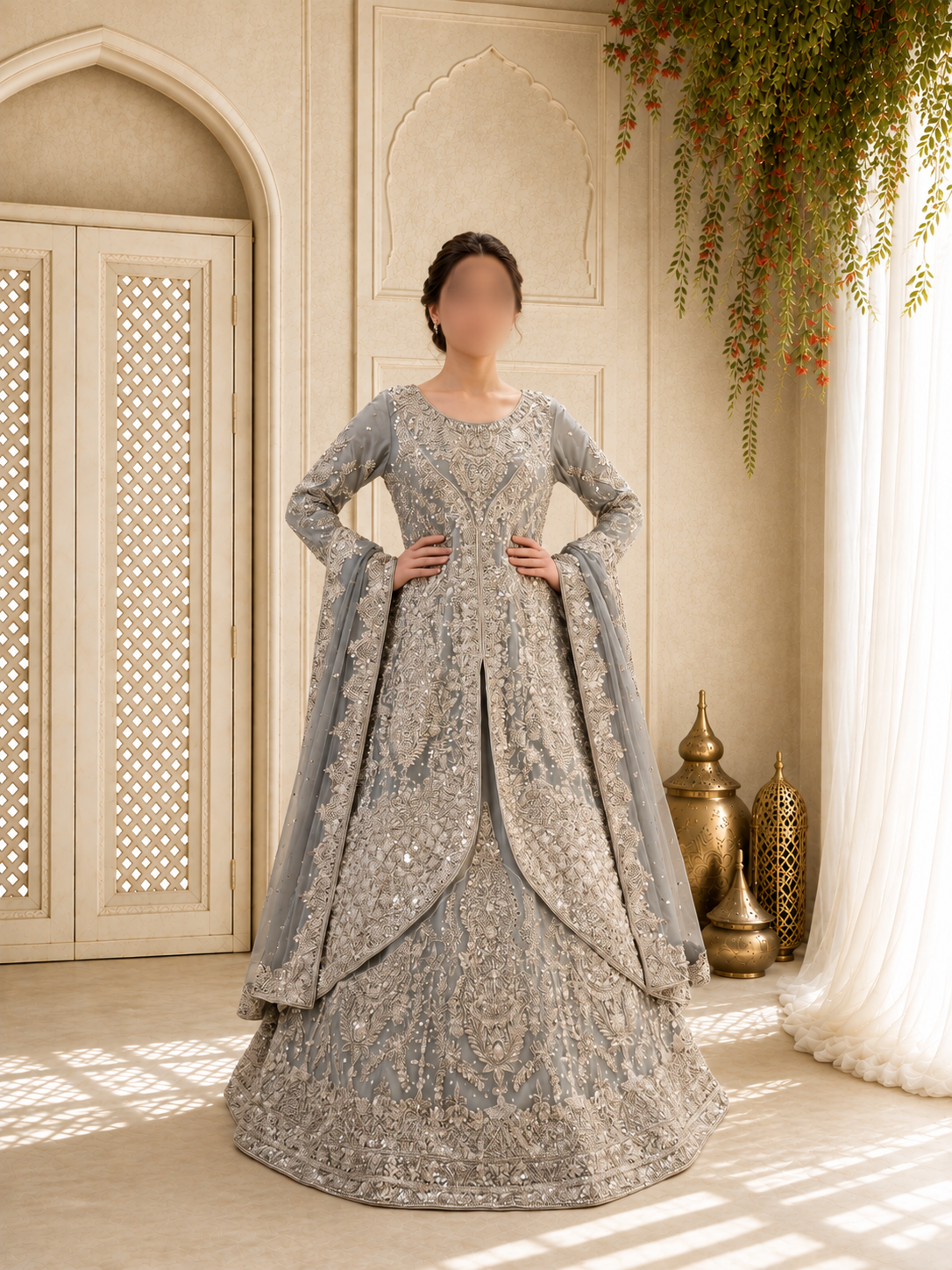 Hand-Embroidered Slate Grey Long-Sleeve Luxury Formal Peplum & Lehenga/Maxi