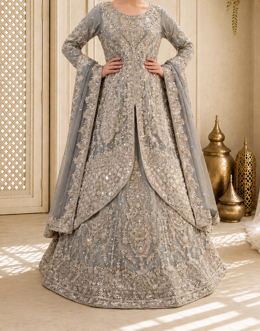 Hand-Embroidered Slate Grey Long-Sleeve Luxury Formal Peplum & Lehenga/Maxi