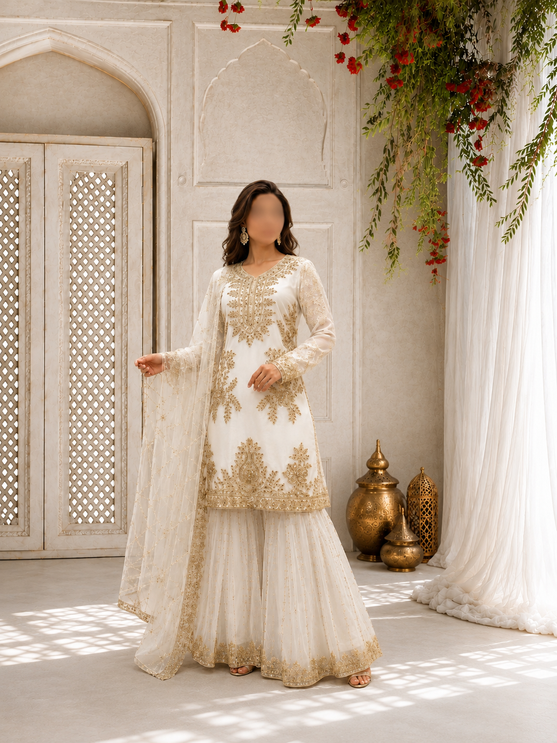 Ivory and Gold Embellished Straight Shirt with Sharara and Dupatta Set (Replica)