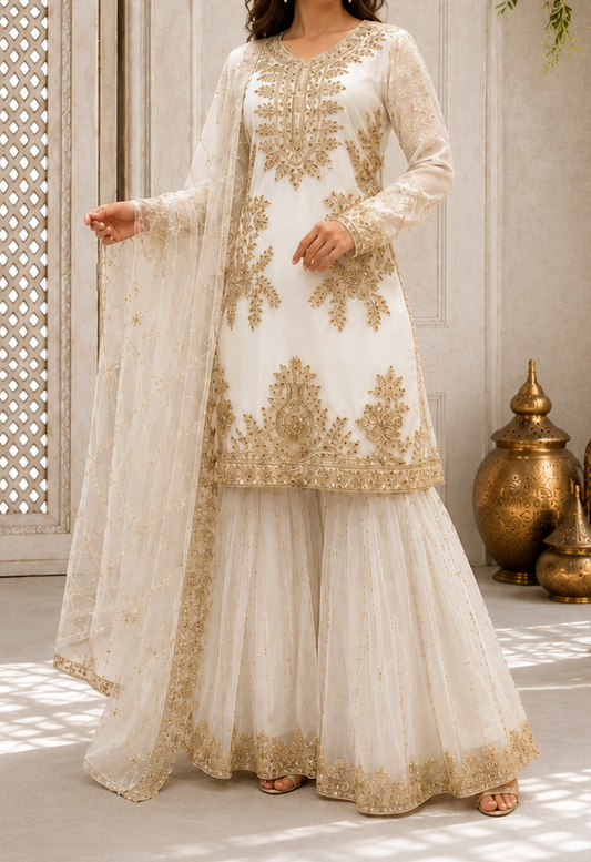 Ivory and Gold Embellished Straight Shirt with Sharara and Dupatta Set (Replica)