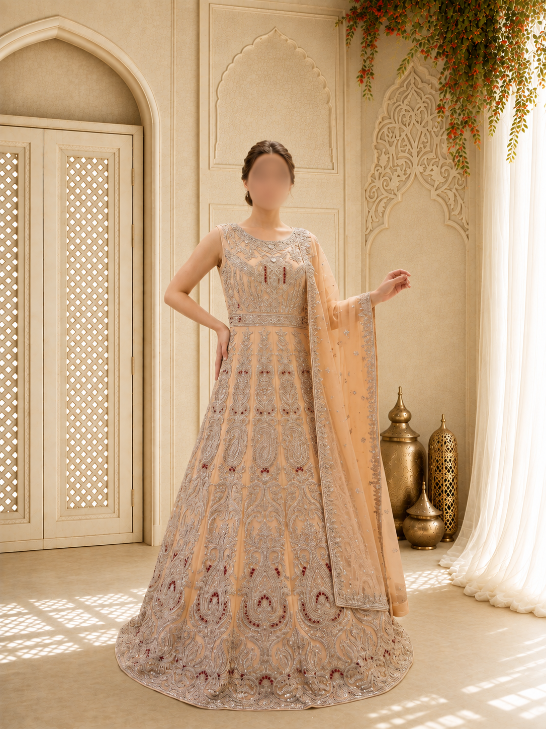 Hand-Embroidered Peach and Silver Luxury Formal Maxi Gown