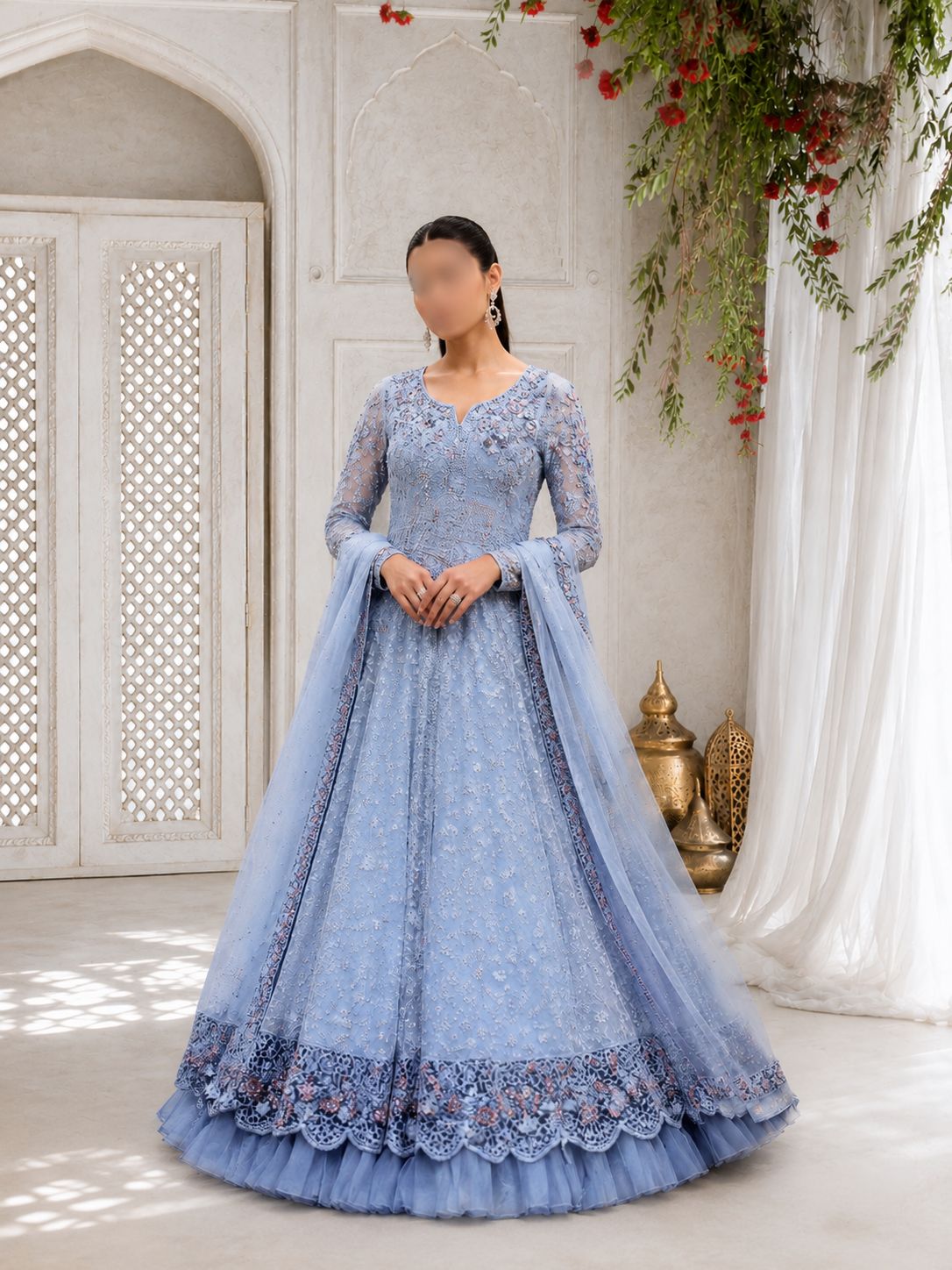 Periwinkle Blue Heavily Embellished Pishwas and Lehenga Set