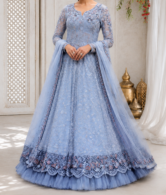 Periwinkle Blue Heavily Embellished Pishwas and Lehenga Set