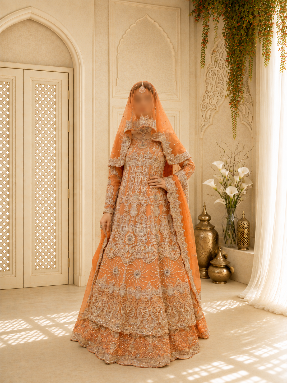 Hand-Embroidered Burnt Orange Luxury Formal Bridal Dress with Veil