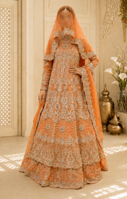Hand-Embroidered Burnt Orange Luxury Formal Bridal Dress with Veil