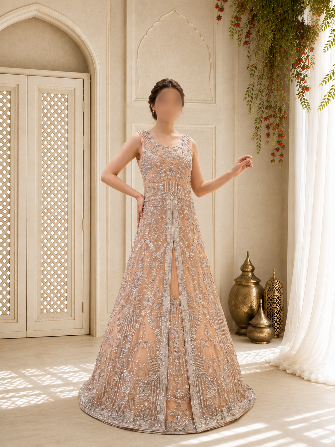 Hand-Embroidered Peach and Silver Luxury Formal Front-Slit Maxi Gown
