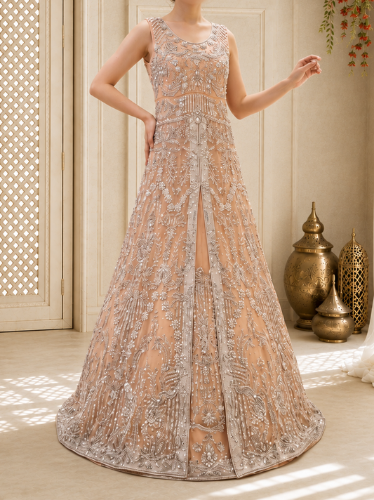 Hand-Embroidered Peach and Silver Luxury Formal Front-Slit Maxi Gown