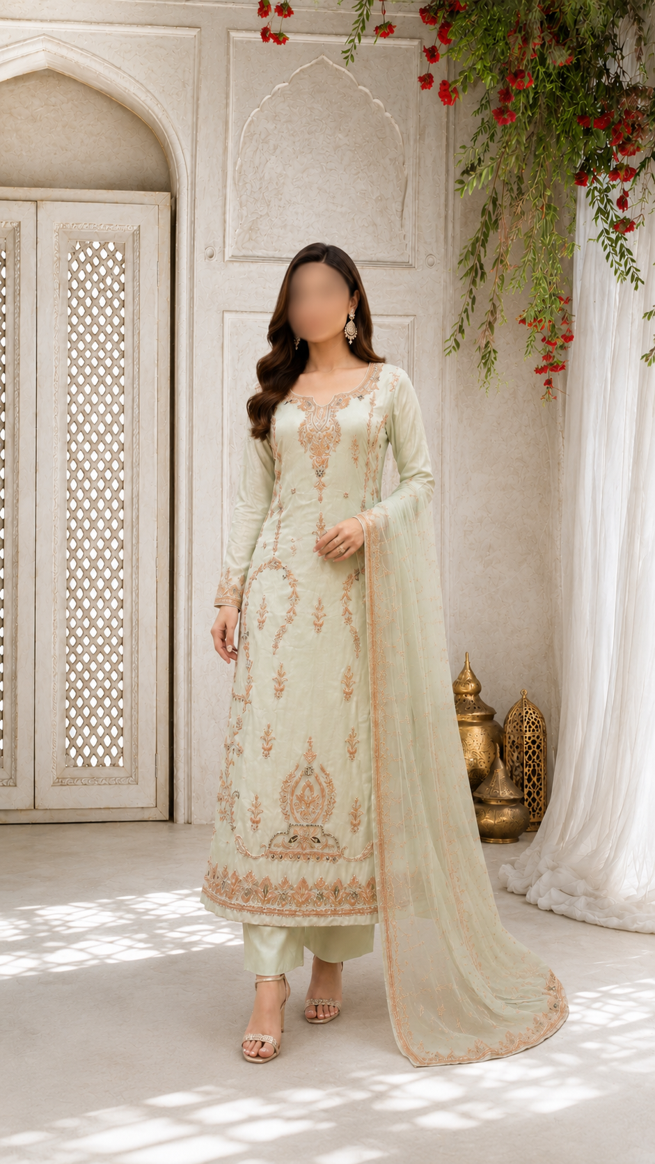 Pastel Mint Embellished Long Straight Shirt and Trouser Set with Dupatta (Replica)