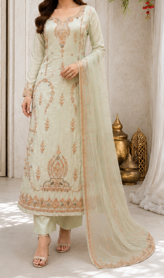 Pastel Mint Embellished Long Straight Shirt and Trouser Set with Dupatta (Replica)