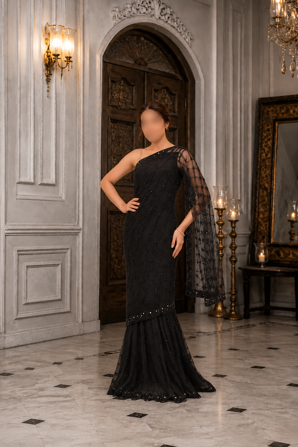 Midnight Black One-Shoulder Embellished Gown with Draped Sleeve