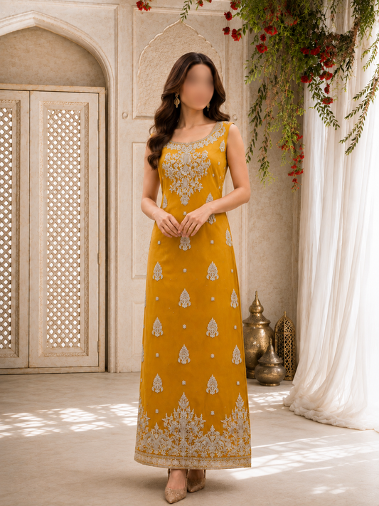 Vibrant Mustard Yellow Sleeveless Straight Shirt Set