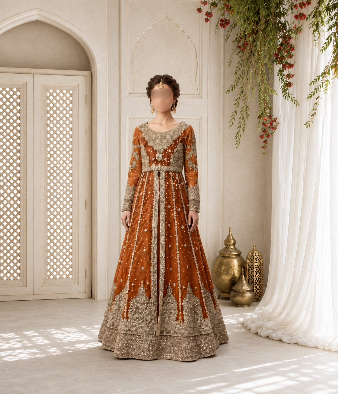 Hand-Embroidered Burnt Orange Long-Sleeve Luxury Formal Front-Slit Maxi Gown