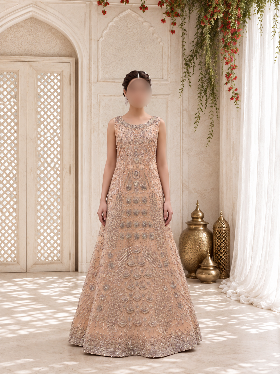 Hand-Embroidered Peach and Silver Luxury Formal Maxi Gown
