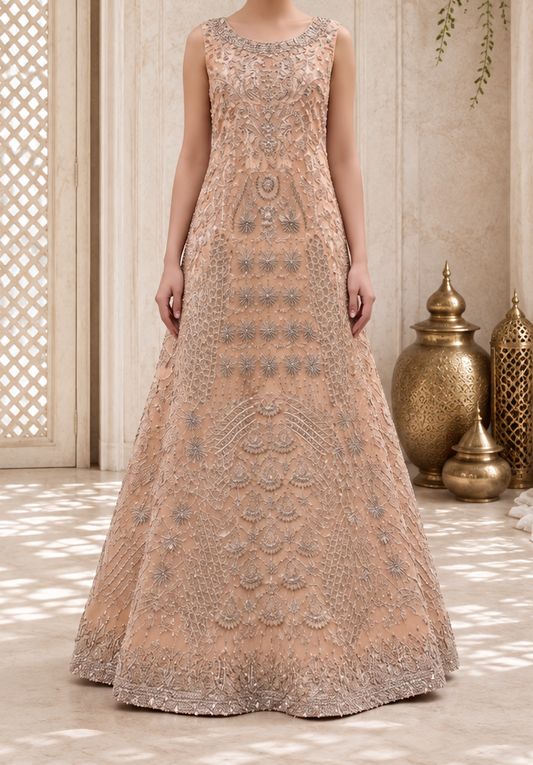 Hand-Embroidered Peach and Silver Luxury Formal Maxi Gown