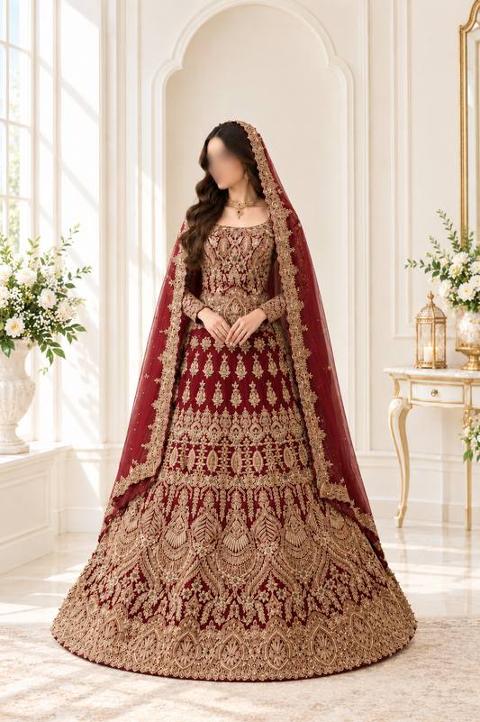 Regal Crimson Heavy Embroidered Bridal Lehenga Choli with Voluminous Flared Skirt