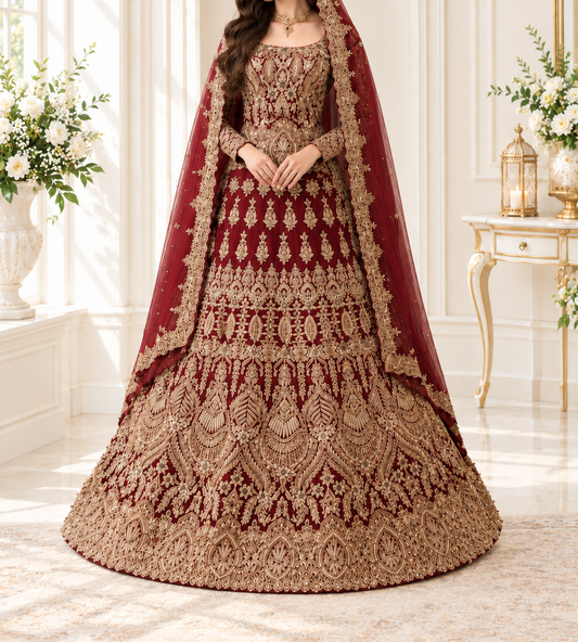 Regal Crimson Heavy Embroidered Bridal Lehenga Choli with Voluminous Flared Skirt