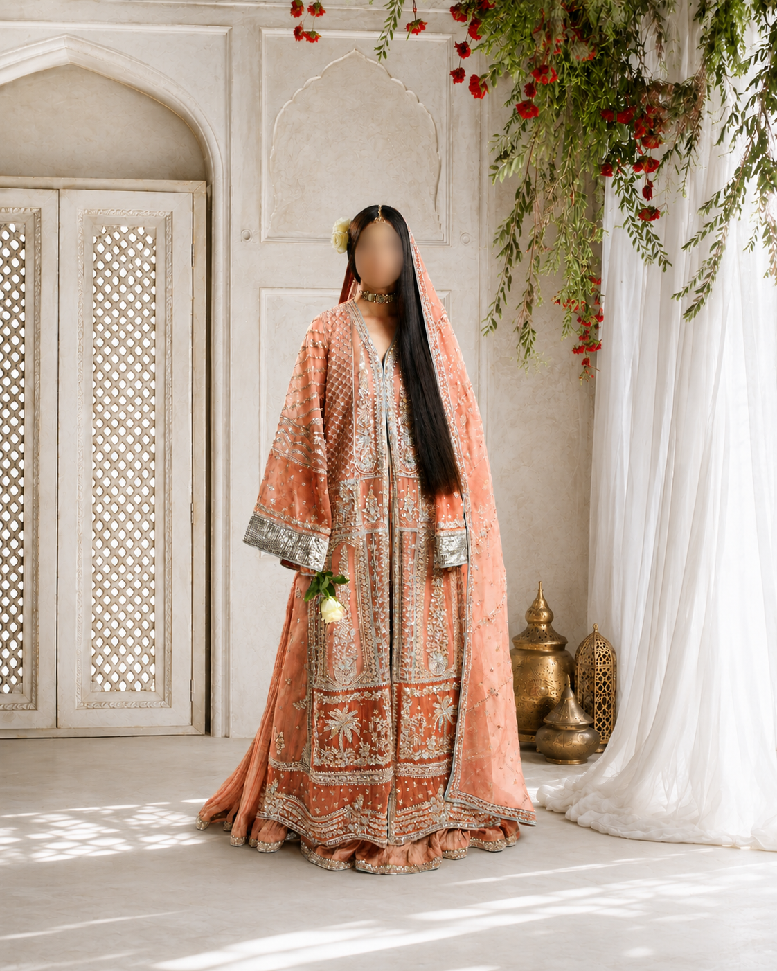 Peach & Silver Heavy Embellished Bridal Set
