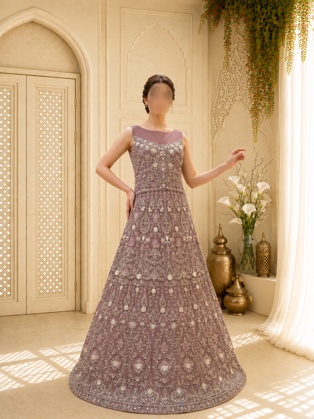 Hand-Embroidered Dusty Mauve Luxury Formal Maxi Gown