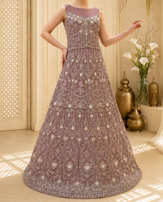 Hand-Embroidered Dusty Mauve Luxury Formal Maxi Gown
