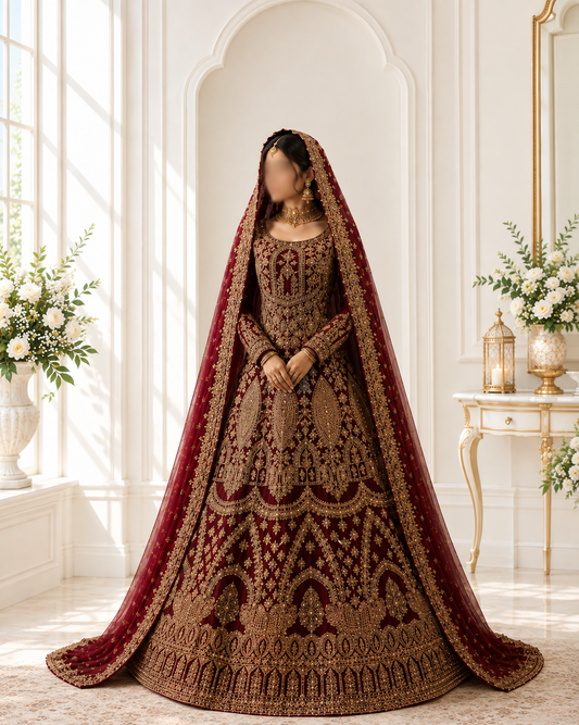 Regal Crimson Heavy Embroidered Short Kurti Lehenga with Voluminous Skirt and Long Veil