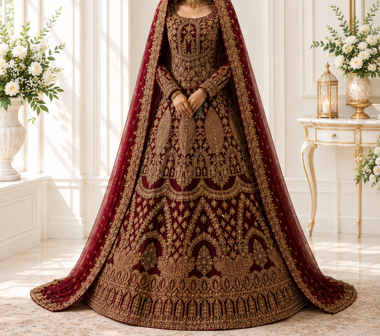 Regal Crimson Heavy Embroidered Short Kurti Lehenga with Voluminous Skirt and Long Veil