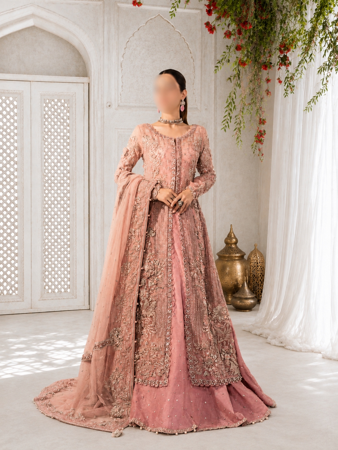 Blush Pink Heavily Embellished Open Front Long Jacket and Lehenga Set with Dupatta