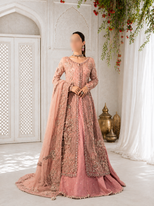 Blush Pink Heavily Embellished Open Front Long Jacket and Lehenga Set with Dupatta