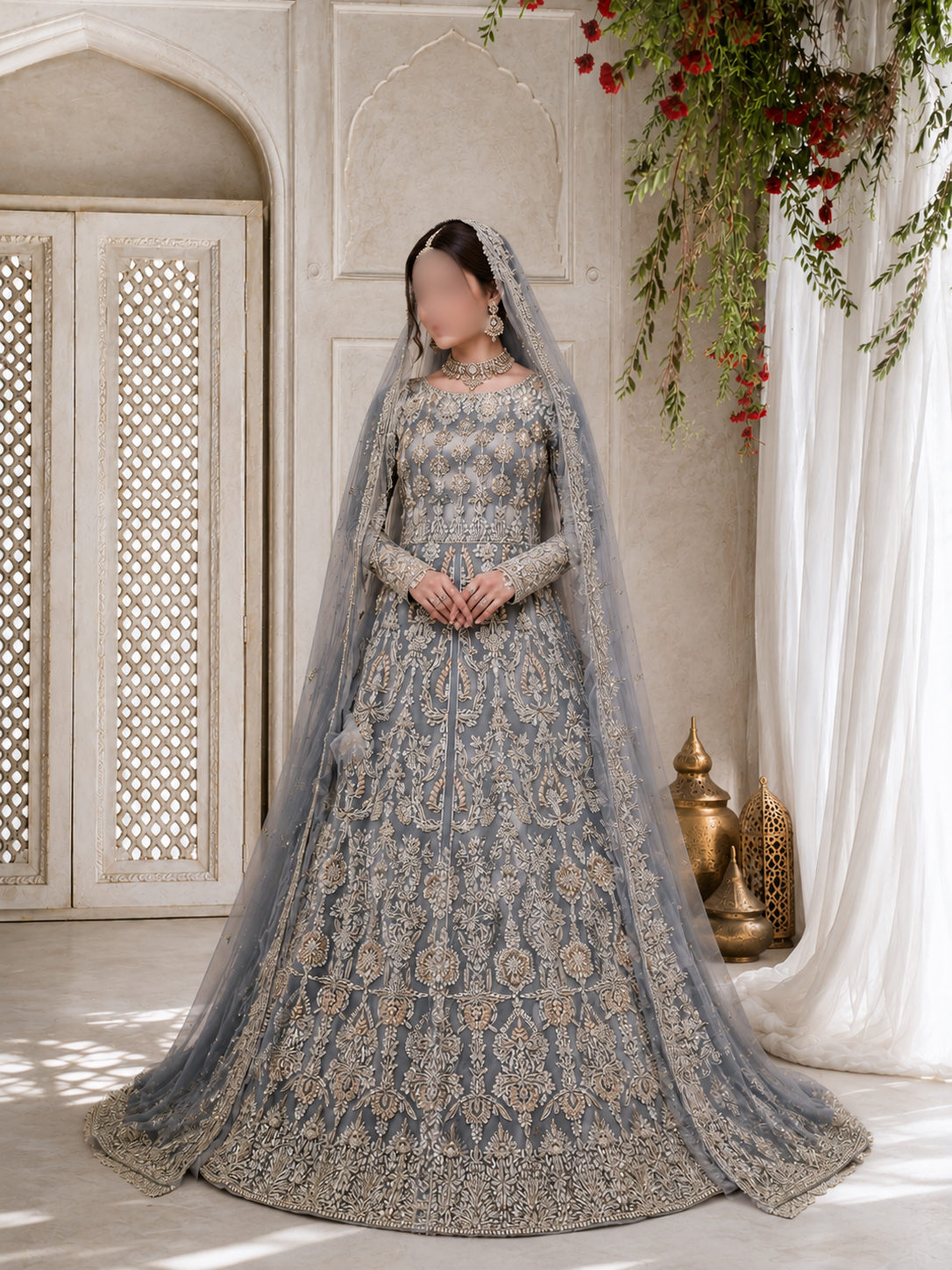 Hand-Embroidered Slate Grey Long-Sleeve Luxury Formal Front-Slit Maxi Gown with Dupatta