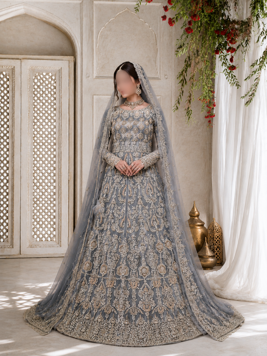 Hand-Embroidered Slate Grey Long-Sleeve Luxury Formal Front-Slit Maxi Gown with Dupatta