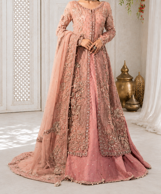 Blush Pink Heavily Embellished Open Front Long Jacket and Lehenga Set with Dupatta