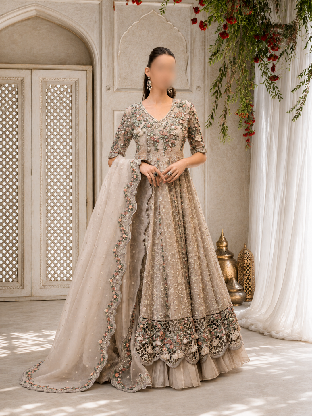 Champagne & Multi-Color Floral Embellished Anarkali Formal Set