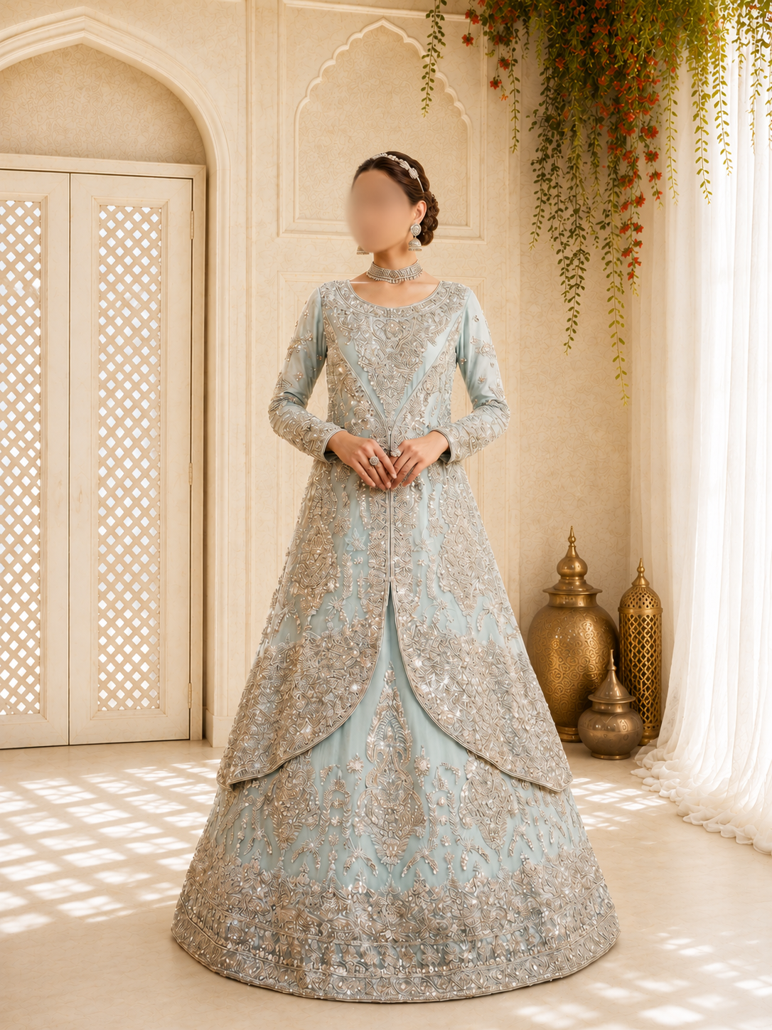 Hand-Embroidered Mint Green Long-Sleeve Luxury Formal Peplum & Lehenga/Maxi