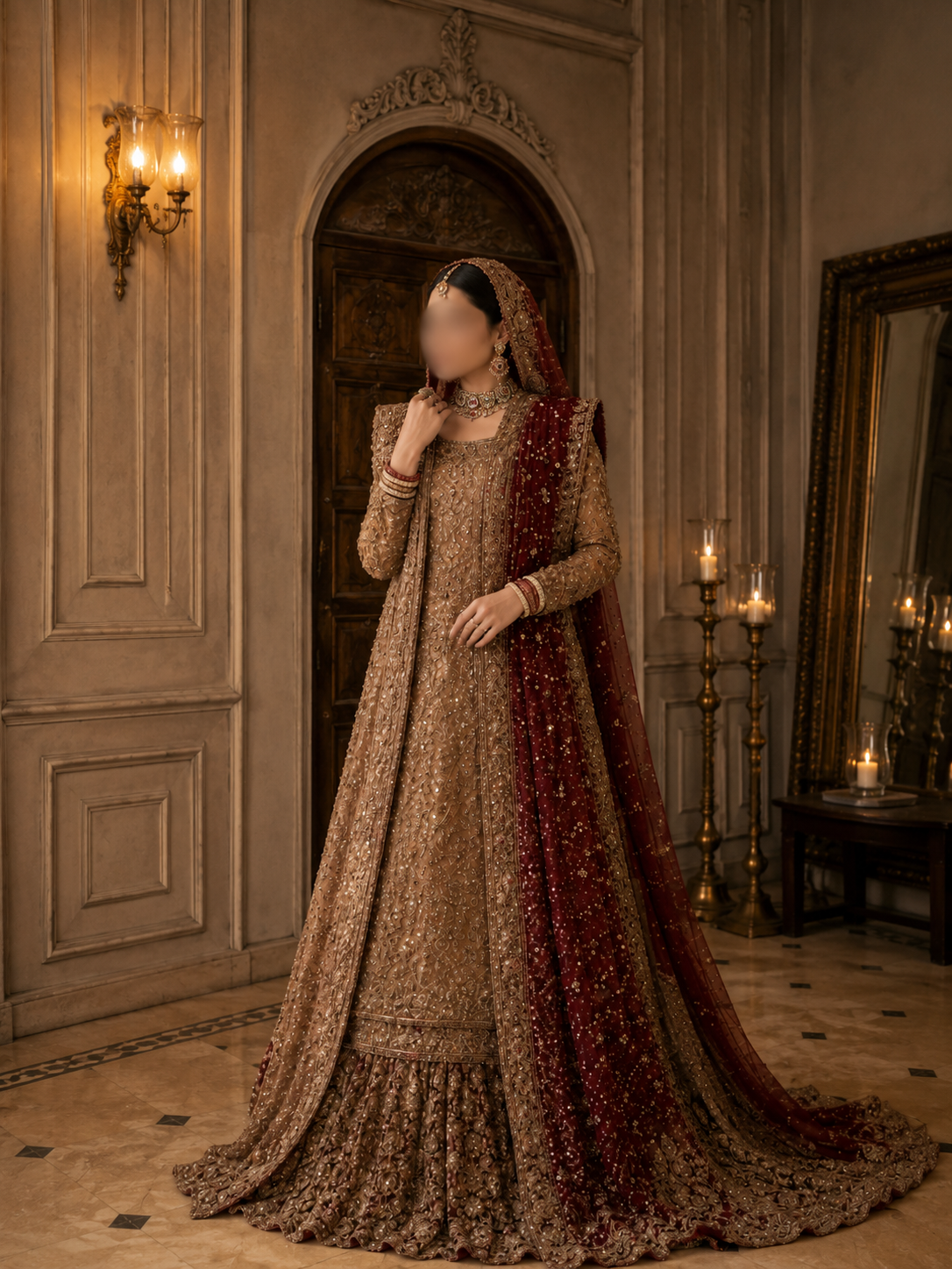 Regal Golden & Maroon Heavy Embroidered Long Jacket Lehenga